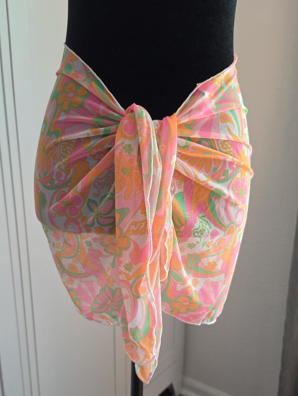 Sheer Pink Floral Tie-Waist Swim Sarong Cover-Up